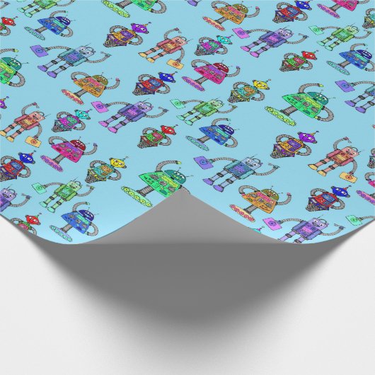 Kleurrijke robots tegen blauwe achtergrond cadeaupapier (Hoek)