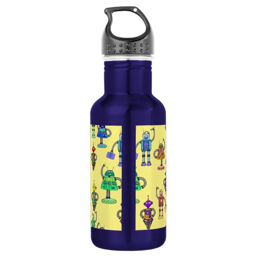 Kleurrijke robots tegen gele achtergrond waterfles  (Achterkant)