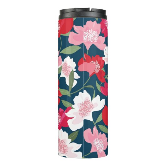 Kleurrijke Rode Bloemen Bedrijf QR Code Blauw Thermosbeker (Achterkant)