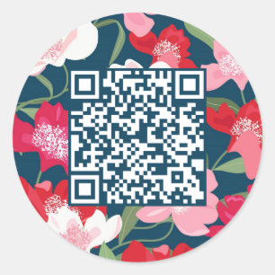Kleurrijke Rode Bloemen QR Code Blauw Ronde Sticker