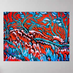 Kleurrijke rode en blauwe magische bossen poster