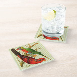 Kleurrijke rode & groene papegaaien illustratie glazen onderzetter