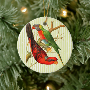Kleurrijke  rode & groene papegaaien illustratie keramisch ornament