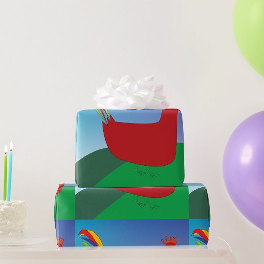 Kleurrijke Rode Haan met Regenboogstaart op Heuvel Cadeaupapier