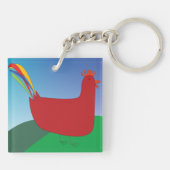 Kleurrijke Rode Haan met Regenboogstaart op Heuvel Sleutelhanger (Achterkant)