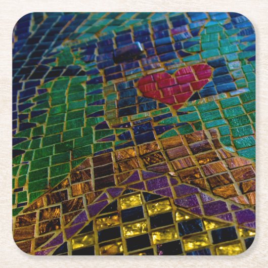 Kleurrijke rode hart mozaïek vierkante kartonnen onderzetter (Voorkant)