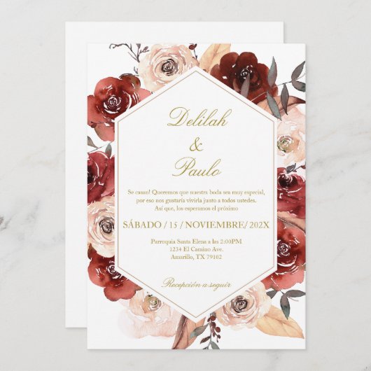 Kleurrijke roos bruiloft uitnodiging in het Spaans (Voorkant / Achterkant)