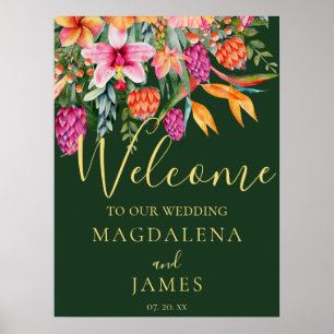 Kleurrijke Roze en Sinaasappel Tropische Bloemen W Poster