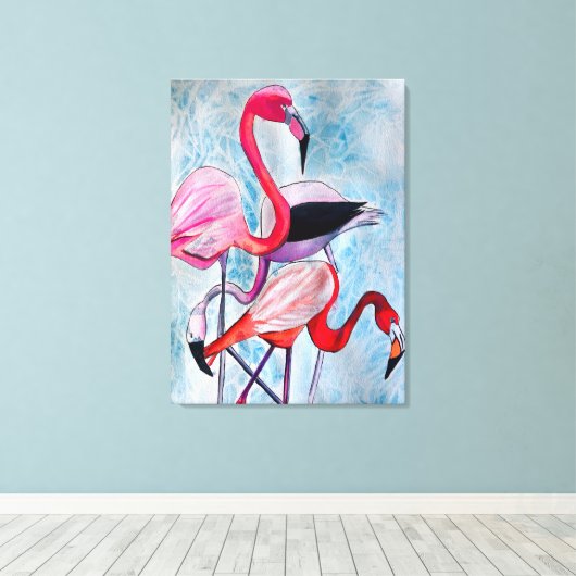 Kleurrijke roze flamingo waterverf kunst canvas afdruk (Insitu (Houten vloer))