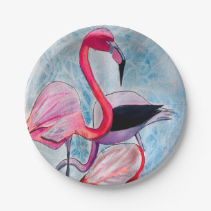 Kleurrijke roze flamingo waterverf kunst papieren bordje