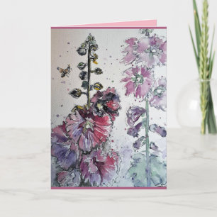 Kleurrijke Roze Hollyhock Waterverf Groeten Kaart