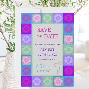 Kleurrijke roze paarse tegels patroon hippie bruil save the date