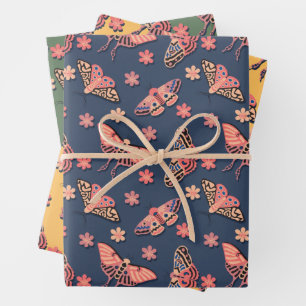 Kleurrijke roze, perzik motten & bloemen patroon inpakpapier vel
