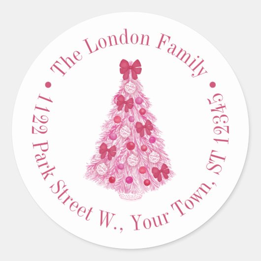 Kleurrijke roze rode kerstboom retour adres ronde sticker (Voorkant)