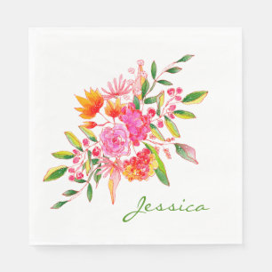 Kleurrijke Roze Waterverf Bloemstuk Kunst Persoonl Servet