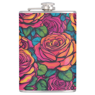 Kleurrijke Rozen Psychedelic Bright Flowers Retro Heupfles