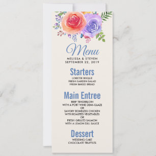 Kleurrijke Rozen Waterverf Bloemen Bruiloft Menu Kaart