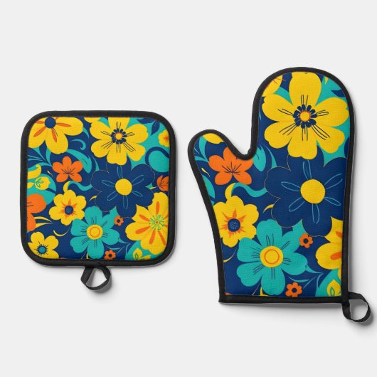 Kleurrijke Rush Blooms-Dopamine Style-Retro Bloeme Ovenwant & Pannenlap Set (Voorkant)