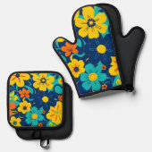 Kleurrijke Rush Blooms-Dopamine Style-Retro Bloeme Ovenwant & Pannenlap Set (Voorkant / Achterkant)