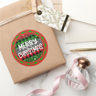 Kleurrijke Rustieke Retro Christmas Plaid & Glitte Ronde Sticker