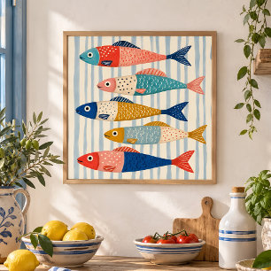 Kleurrijke Sardine Vis Kunst Kust Keuken Decor Poster