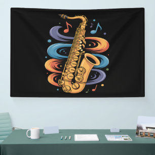 Kleurrijke Saxofoon Muziekstroom Jazz Instrument Spandoek
