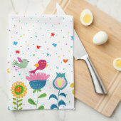 Kleurrijke schattige retro bloemen en vogels theedoek (Quarter Fold)