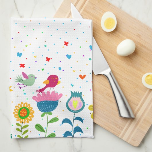 Kleurrijke schattige retro bloemen en vogels theedoek (Quarter Fold)