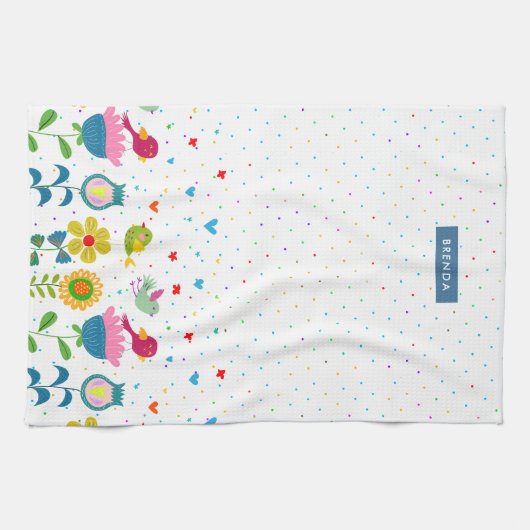 Kleurrijke schattige retro bloemen en vogels theedoek (Horizontaal)