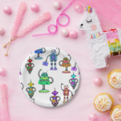 Kleurrijke schattige robots op witte achtergrond papieren bordje (Feest)