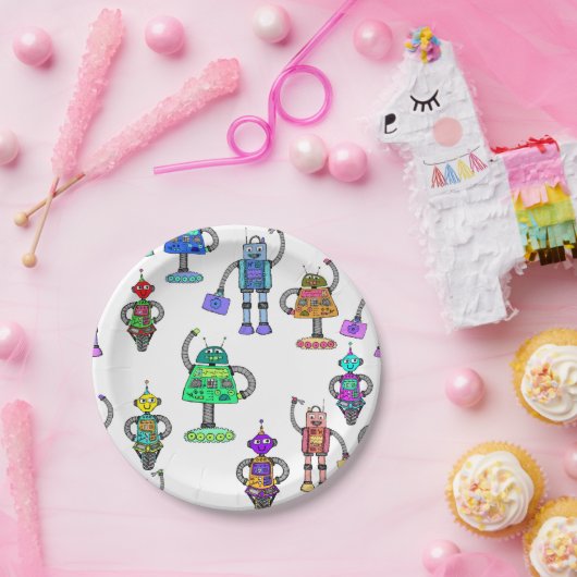 Kleurrijke schattige robots op witte achtergrond papieren bordje (Feest)