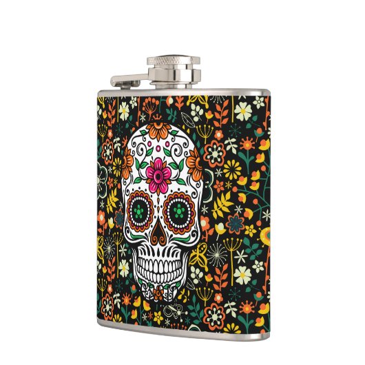 Kleurrijke schattige suiker schedel en retro bloem heupfles (Links)