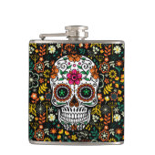 Kleurrijke schattige suiker schedel en retro bloem heupfles (Voorkant)