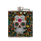 Kleurrijke schattige suiker schedel en retro bloem heupfles (Achterkant)