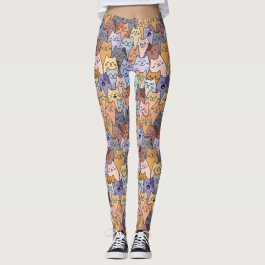 Kleurrijke Schattigee Cat Crowd Pattern Whimsical Leggings (Voorkant)
