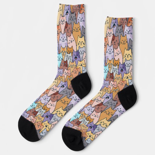 Kleurrijke Schattigee Cat Crowd Pattern Whimsical  Sokken (Links)