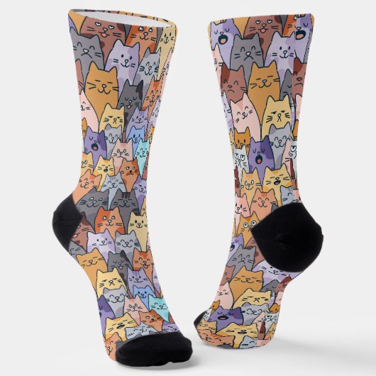 Kleurrijke Schattigee Cat Crowd Pattern Whimsical  Sokken (Gebogen)