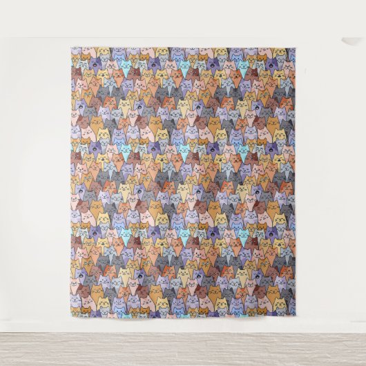 Kleurrijke Schattigee Cat Crowd Pattern Whimsical  Wandkleed (Voorkant)