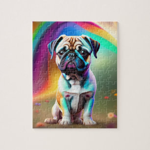 Kleurrijke Schattigee kleine pug met regenboogkleu Legpuzzel