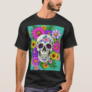Kleurrijke schedel met bloemen t-shirt