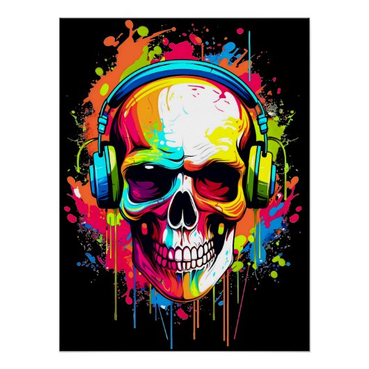 Kleurrijke schedel met hoofdtelefoon perfect poster (Voorkant)
