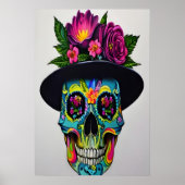 Kleurrijke schedel met pet en bloem | AI Art. Poster (Voorkant)