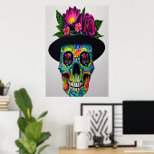 Kleurrijke schedel met pet en bloem | AI Art. Poster (Thuiskantoor)