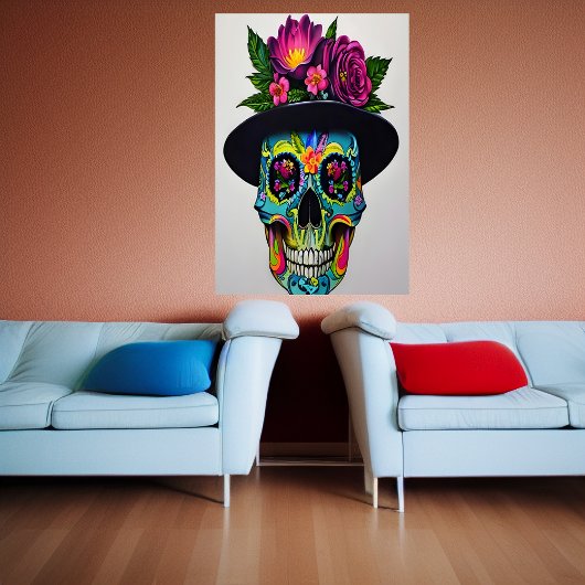 Kleurrijke schedel met pet en bloem | AI Art. Poster