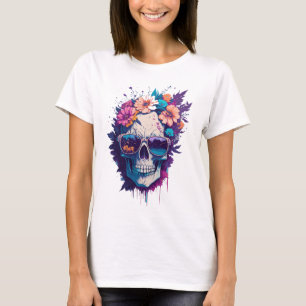 Kleurrijke schedel met trendy zonnebril en bloemen t-shirt