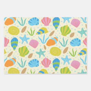 Kleurrijke schelpen en zeesterren patroon kust inpakpapier vel