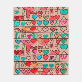 Kleurrijke schets-achtige harten, linten en monogr fleece deken