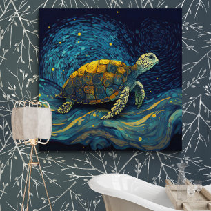 Kleurrijke schildpadzwemmen onder de Sterrennacht Canvas Afdruk