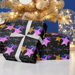 Kleurrijke schitterende sterren- Prettig kerstfees Cadeaupapier