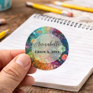 Kleurrijke schoolkinderen leuk onderwijs naamstick ronde sticker